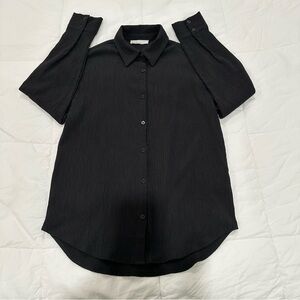 Oak + Fort Black Crinkle Button-Up Long Sleeve Shirt Womens Sz S Textured Blouse